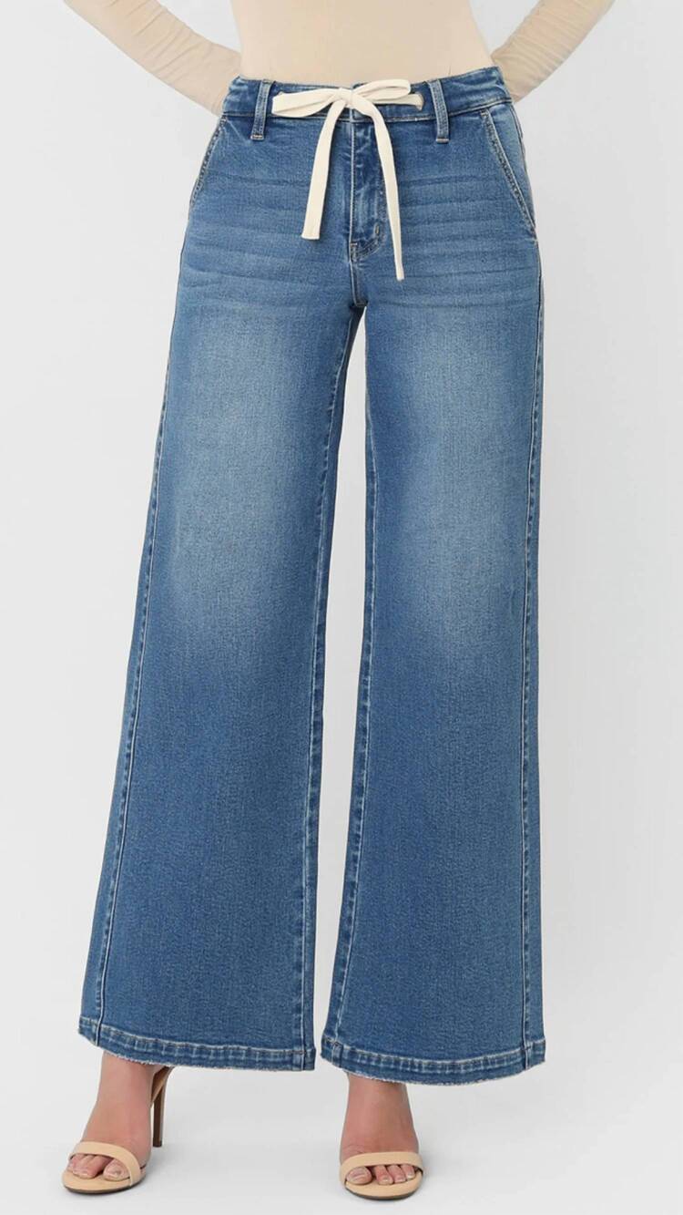 NEW LOVERVET high rise waist tie twist wide leg jeans in medium wash